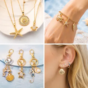 18K gold plated zircon starfish conch turtle marine theme necklace bracelet keychain earrings
