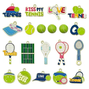 18 Stk. Cartoon Tennis Emaillierte Anhänger Sport Schläger Platz Bälle für DIY Schmuck