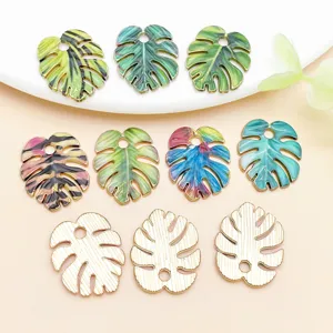 Enamel printed monstera leaf charms, 20x17mm metal pendants for DIY earrings, jewelry making.
