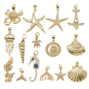 Gold-plated marine animal charms featuring starfish, conch, and jellyfish for DIY jewelry making.
