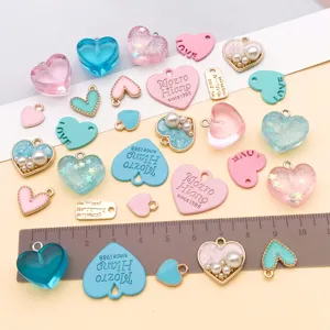DIY heart charms set, pink and blue resin pearl pendant for bracelet necklace jewelry making.