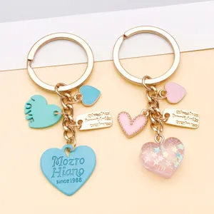DIY pink blue heart keychain charms couple accessories sweet love pendant key rings detail