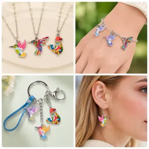 Colorful enamel hummingbird charm pendants for DIY jewelry making, necklace bracelet keychain decor.