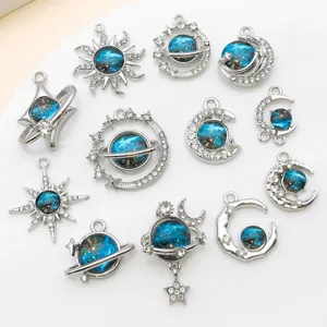Blauwe Sterrenstelsel Planeet Zon Maan Ster Hangers Zinklegering Strass Bedeltjes DIY Sieraden Maken Accessoires
