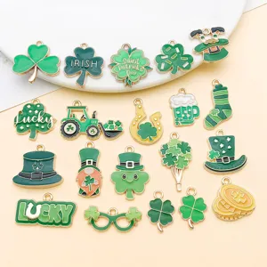 Detail view of mixed 20 styles St. Patrick's Day enamel green clover and hat alloy charms for DIY.