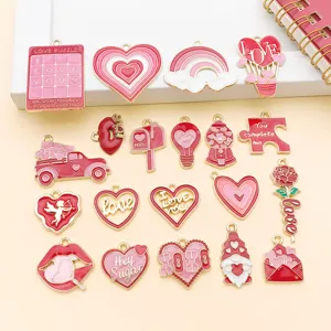 20pcs Valentine's Day Red Enamel Heart Rose Cupid Alloy DIY Jewelry Pendants Charms Assorted
