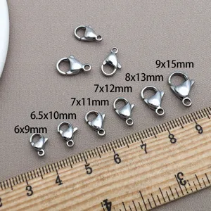 Stainless steel lobster clasps detail, multi-size jewelry connectors for DIY bracelets and necklaces.