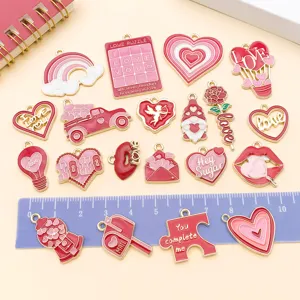 Detail view of mixed 20 styles red enamel Valentine heart and rose alloy DIY pendants.