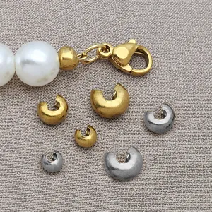 Stainless steel C-shaped crimp cover beads detail view, perfect for DIY jewelry making and necklace styling.