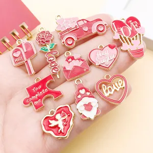 Detailed close-up shot of Valentine's day red enamel alloy charms set for DIY jewelry making.