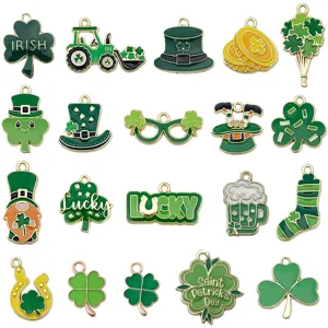 Mixed 20 styles green enamel St. Patrick's Day clover hat alloy charms for DIY jewelry making accessories.