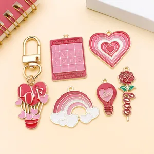 Mixed red Valentine's day love heart puzzle rose alloy enamel charms for DIY jewelry making accessories.