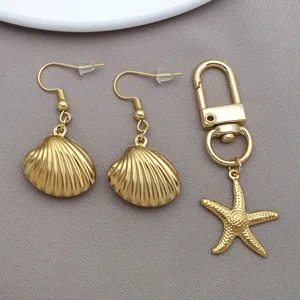 Pendientes de concha y llavero de estrella de mar de acero inoxidable para manualidades DIY