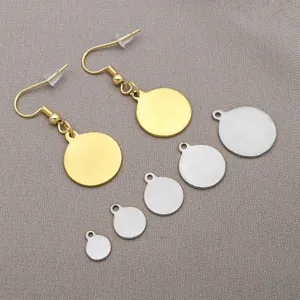 Stainless steel blank round disc pendant and gold hook earrings detail view DIY jewelry accessory