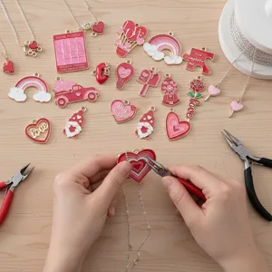 DIY Valentine alloy enamel charm set, red pink heart puzzle and rose pendants for jewelry making.