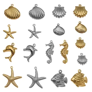 Set de dijes de vida marina de acero inoxidable, concha, estrella de mar, delfín, pescado, joyería