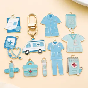 Blue medical theme enamel alloy charms set, stethoscope and clipboard DIY jewelry accessories.