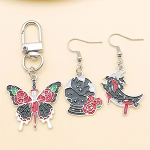 Punk dark style butterfly dagger keychain and crystal moon earrings gothic jewelry accessories