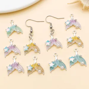 DIY enamel mermaid tail alloy charms and earrings pendants with pearls and rhinestones set.