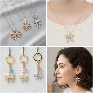Exquisite rhinestone bow jewelry detail, dual-tone alloy charm for DIY necklace and bracelet.