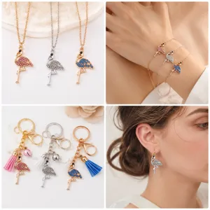 Rhinestone flamingo zinc alloy jewelry pendant necklace keychain fashion accessories 28x14mm