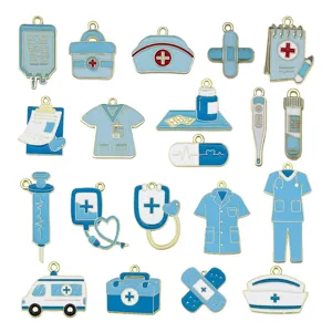 Medical theme enamel charms alloy blue first aid stethoscope ambulance DIY jewelry making parts