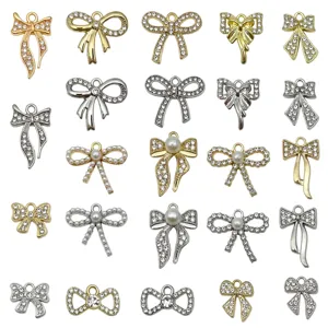 Alloy rhinestone pearl bow charms set for DIY jewelry making necklaces bracelets accessories.