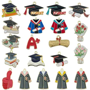 20pcs Graduation Enamel Charms Graduation Cap Gown Diploma Alloy Pendants DIY Jewelry Making