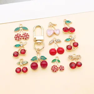 Sparkling red cherry alloy charms rhinestones DIY necklace earrings jewelry making accessories.