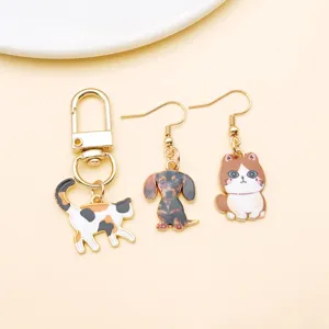 Cute cartoon cat and dog alloy pendants and earrings set for DIY handmade jewelry crafting.