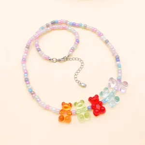 Colorful acrylic transparent bear pendant bead necklace DIY handmade jewelry accessory.