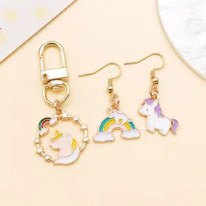 Cute unicorn rainbow alloy keychain and earrings set, perfect for DIY jewelry accessories.
