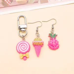 Llavero de piruleta de resina rosa y pendientes bonitos de fruta del dragón accesorios DIY