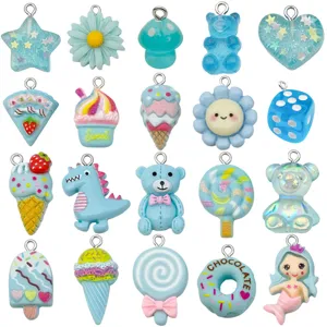 Mixed 20 blue resin charms, daisy ice cream dinosaur pendants for DIY jewelry making accessories.