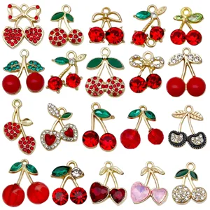 20 Styles Red Cherry Alloy Charms Rhinestone DIY Necklace Earring Jewelry Craft Pendants