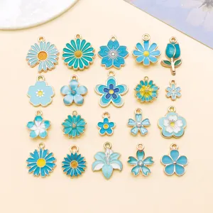 Vintage Zinc Alloy Enamel Flower Charms Lake Blue Botanical Daisy Tulip Pendant for DIY Keychain Bracelet Jewelry Making Craft