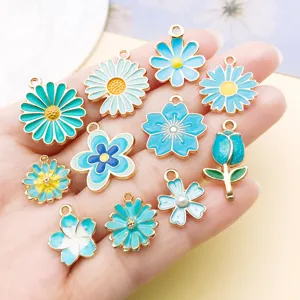 Blue enamel flower charms alloy pendants DIY jewelry making cute handmade accessories