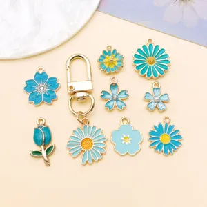 Blue enamel flower alloy charms and keychain pendants for DIY handmade jewelry accessories.