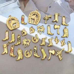 Stainless steel western cowboy boots horse shoe cactus enamel charms for DIY jewelry making.