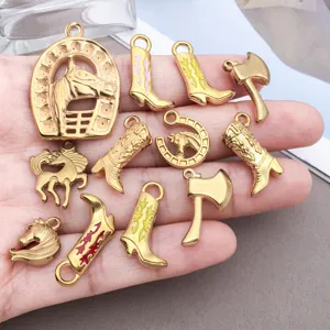 Detailed shot of western cowboy theme metal enamel charms, horseshoe and boots pendants diy parts.