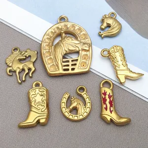 Closeup of stainless steel enamel Western cowboy boots and horse head charms for DIY jewelry making.