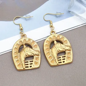 Gold tone horseshoe horse head drop earrings western style fashion jewelry accessory detail view