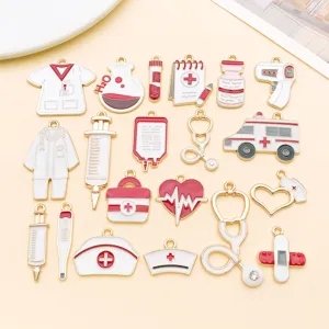 White Medical Series Stethoscope Ambulance Enamel Charms Zinc Alloy Rhinestone Pendants For DIY Jewelry Making Crafts