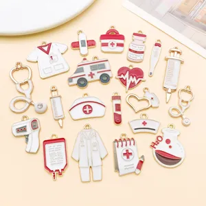 Alloy medical enamel charms set, stethoscope syringe nurse hat pendant DIY jewelry making accessories