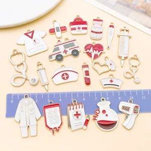 Set of medical theme alloy enamel charms featuring stethoscope ambulance and syringe for DIY crafts.