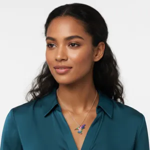 Close-up detail of a colorful enamel hummingbird pendant necklace on a model. Elegant jewelry.