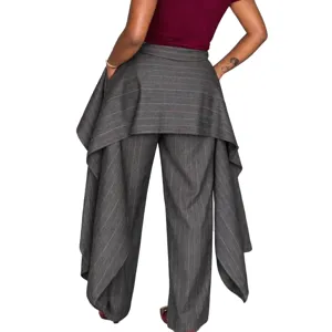 Pantaloni larghi gessati con volant irregolari eleganti da donna a vita alta casual.