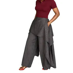Pantaloni casual larghi a righe irregolari eleganti da donna con sovrapposizione di volant, vita.