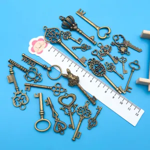 Vintage bronze skeleton keys charms, assorted hollow heart rabbit alloy DIY jewelry pendants set.
