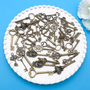 Vintage bronze alloy large key pendants, mixed hollow heart rabbit crown DIY jewelry findings.
